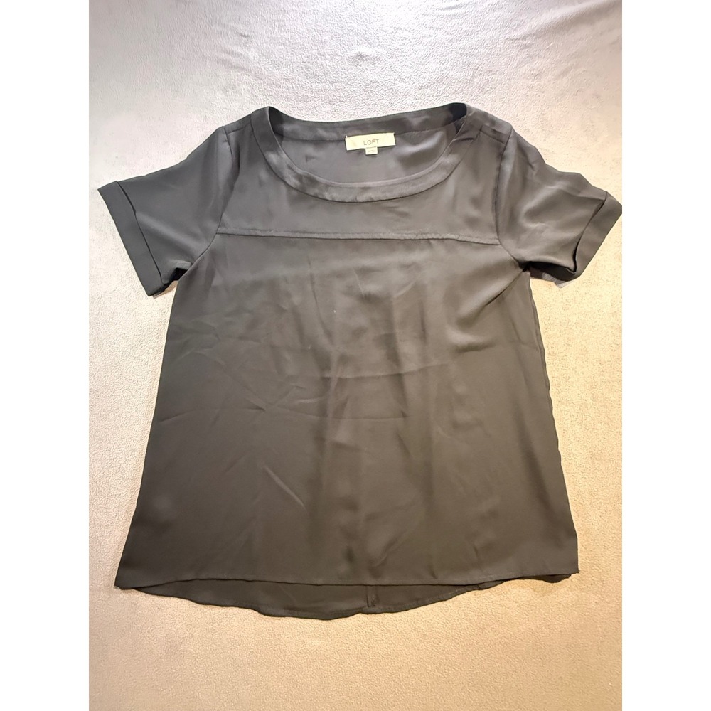 Ann Taylor LOFT Womens XS Black Short Sleeve Scoop Neck Cuffed Blouse Top
